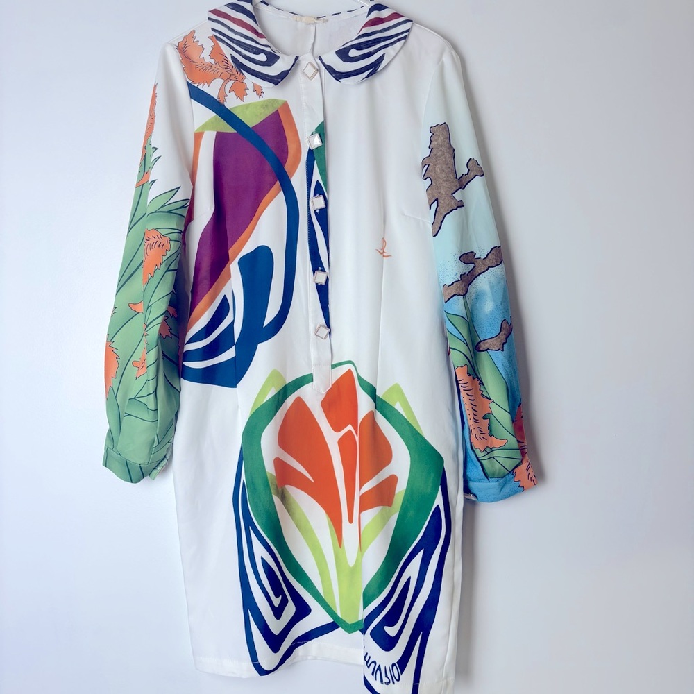 Pink Ripple Colorful Patterned Long Sleeve Dress